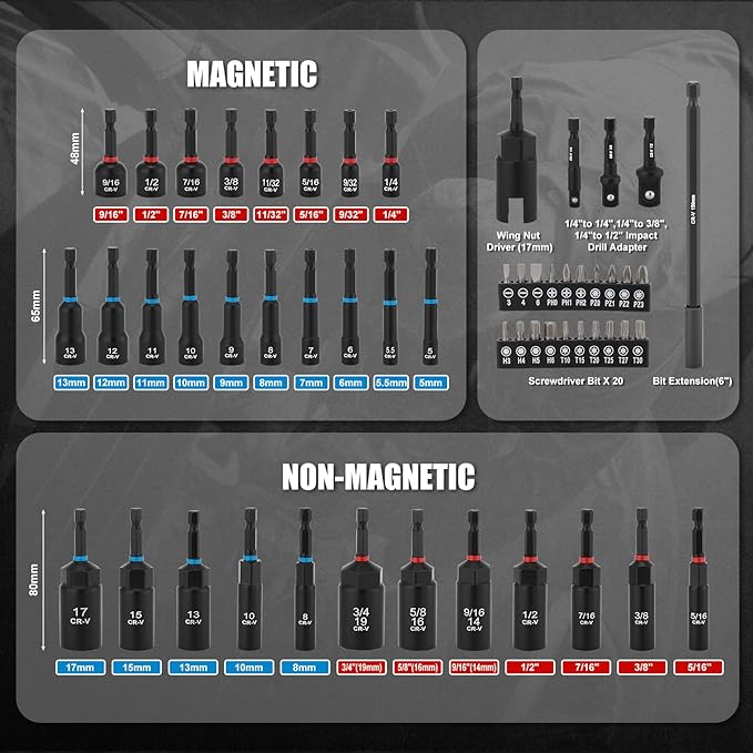 Mayouko 55PCS Magnetic Nut Driver Set, Impact Driver Bit Set, Deep Nut Driver Set,Impact Socket Adapters, Wing Nut Driver, Bit Extension, 6" Bit Holder, Screwdriver Bits