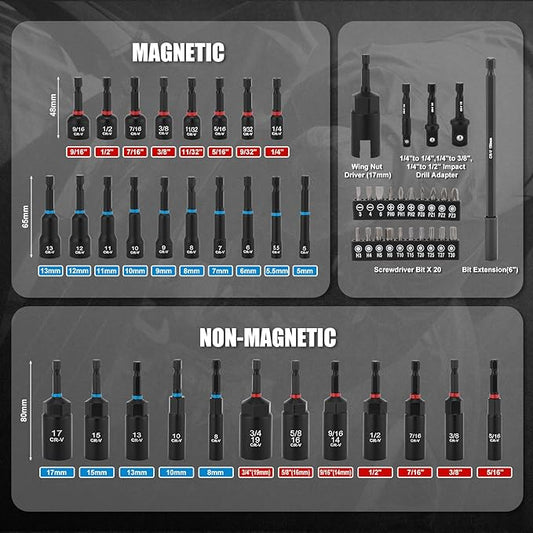 Mayouko 55PCS Magnetic Nut Driver Set, Impact Driver Bit Set, Deep Nut Driver Set,Impact Socket Adapters, Wing Nut Driver, Bit Extension, 6" Bit Holder, Screwdriver Bits