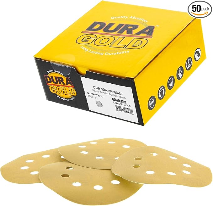 Dura-Gold Premium 600 Grit 5" Sandpaper Discs, 8 Hole Pattern Dustless, 50 Discs - Hook & Loop Backing for Orbital DA Sander, Detailing Finishing Color Sanding Automotive Paint Woodworking