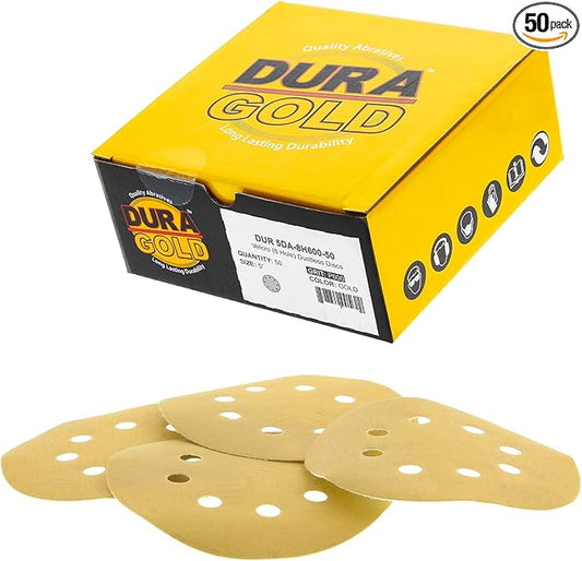 Dura-Gold Premium 600 Grit 5" Sandpaper Discs, 8 Hole Pattern Dustless, 50 Discs - Hook & Loop Backing for Orbital DA Sander, Detailing Finishing Color Sanding Automotive Paint Woodworking