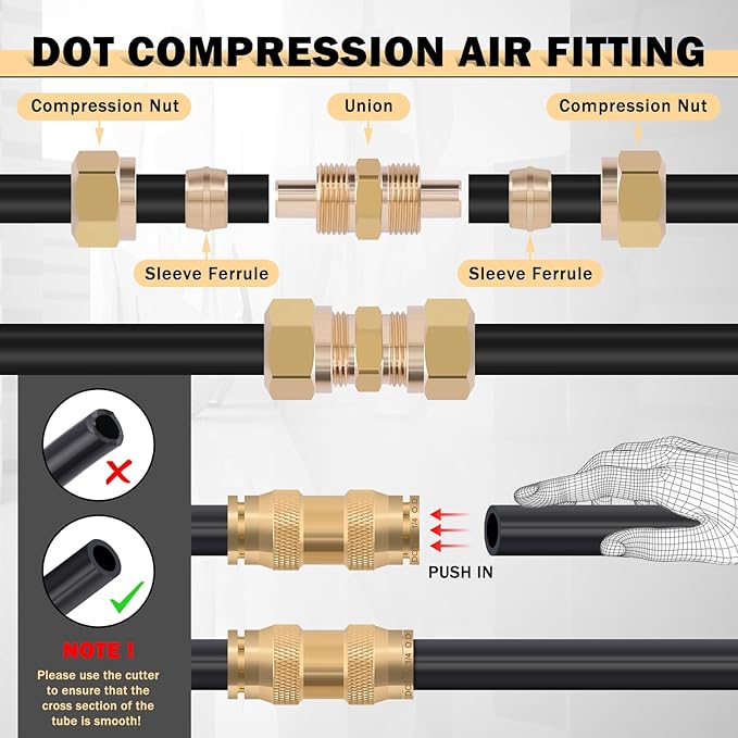 CheeMuii 72 PCS Brass DOT Air Line Fittings with 50FT 1/4" and 50FT 3/8" DOT Air Line Kit Push Lock Air Fitting Quick Connect & NPT Thread Fittings with Pneumatic Tubing