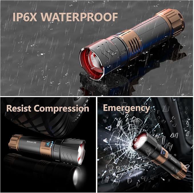 SKYFIRE Rechargeable Flashlights High Lumens Plus with Ignition Lens,3000lm Super Bright Flashlight,7500mAh,Zoomable,Waterproof Tactical Flash Light for Camping Essentials Outdoor Home&Gifts-Upgraded