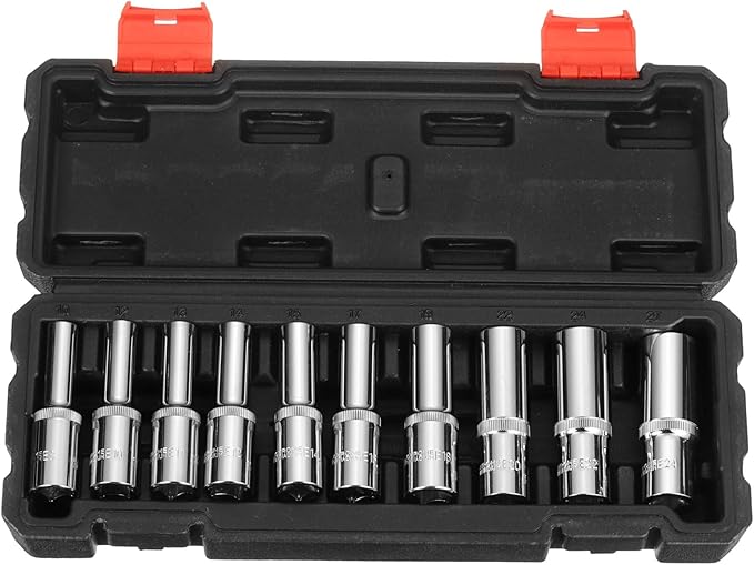 HARFINGTON 10pcs E-Torx Socket 1/2" Drive E8-E24 Star Female Socket 3.1" Length External Torx Deep Sleeve Chrome Plating 6 Point Spline Sleeve for Auto Repairs Home Maintenance