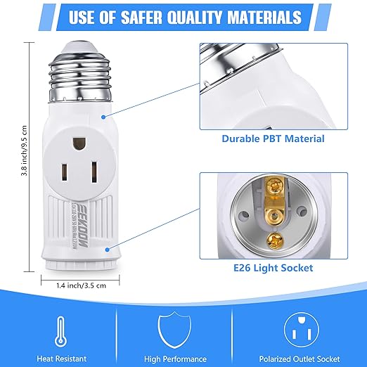 Feekoon 2 Pcs Light Socket to Plug Adapter, Convert E26 Light Socket to 3 Prong Outlet Adapter, Screw in Outlet for Lamp Sockets for Garage Porch (White)