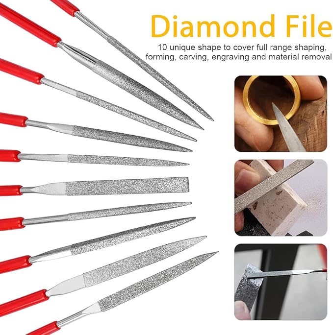 10 Pcs Mini Diamond File Set, 4 × 160mm Small Metal Files Diamond Needle File Precision Hand Tools for Glass, Wood, Stone, Plastic, Jewelry & DIY