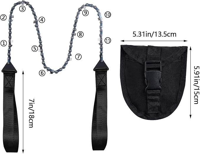 Sucrain Pocket Chainsaw with Paracord Handle, Folding Chain Hand Saw, Emergency Outdoor Survival Gear for Camping, Hunting, Hiking, Cutting Wood & Tree (Black, 11 Teeth, 24'' Long)