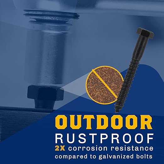 1/2" x 8?? 12-Piece Black Lag Bolt, Rustproof 4-Layer Ceramic BLAKOTE, 2X Protection of Galvanized Lag Screws, for Decks Pergolas by Makers Bolt