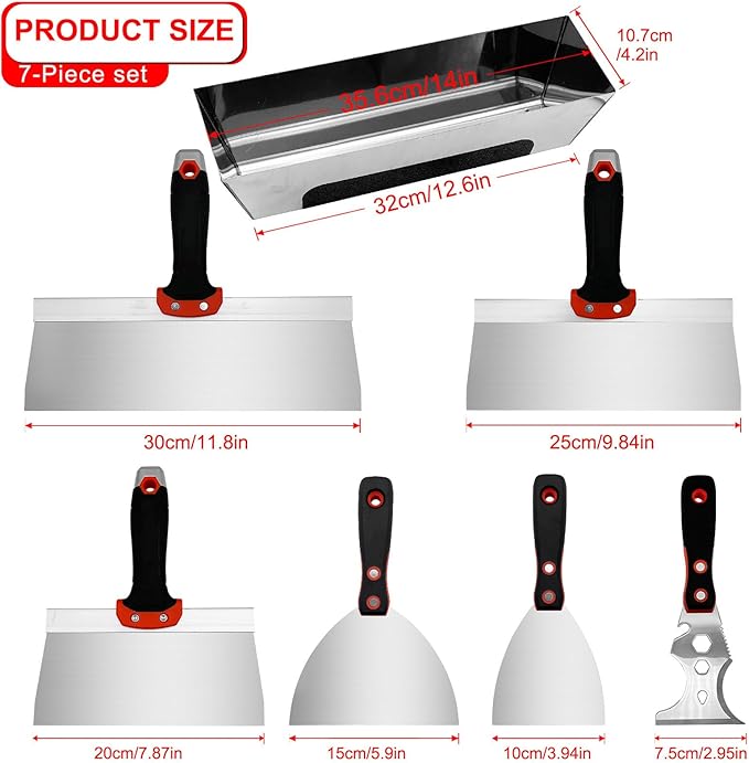 Drywall Hand Tool Kit, 7 Pcs Stainless Steel Drywall Knife Set with Soft Handle, Includes Putty Knife, Taping Knife, Painter Scraper Tool & 13" Mud Pan for Joint Taping, Finishing, Patching