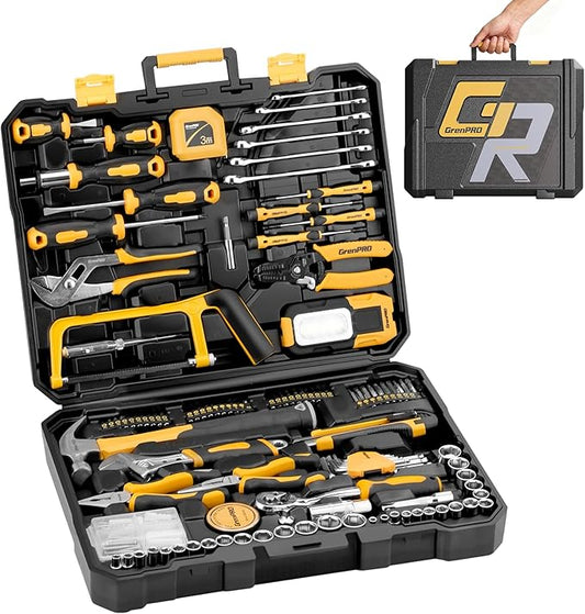 GRENPRO 218 Piece Tool Kit for Home, Tool Box with General Household Hand Tools Set, Herramientas with Screwdrivers, Wrenches, Hammer, Bow Saw, Folding Work Lamp, Electric Pen and Other Basic Tool Kit