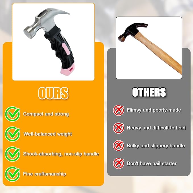 KURUI Pink Small Hammer for Picture Hanging Nails Drywall Anchors, Picture Hanging Tool, High Hardness 8oz Claw Hammer With Shock-Absorbing Non-Slip Handle for Kids and Women