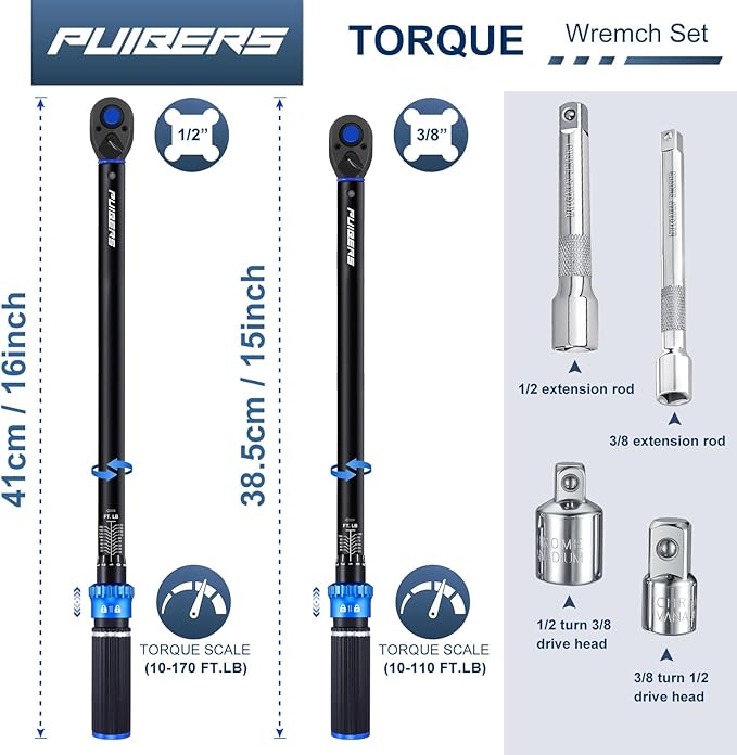 1/2 3/8 inch Drive Click Torque Wrench Set,2 Pcs Torque Wrenches 10-170 FT.LB/13.6-230.5Nm,10-110 FT.LB/13.6-149.2Nm,짹3% High Accuracy Torquimetro for Bike, Moto and Car Repair
