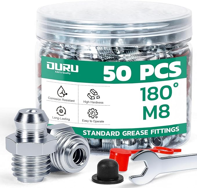 50PCS M8 Grease Fittings Kit, METRIC Zerk Grease Fittings Straight with Grease Fitting Caps & Wrench Kit(9mm) for Grease Gun