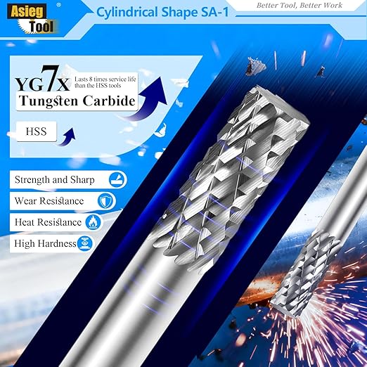 SA-1 Solid Tungsten Carbide Burr Rotary File Cylindrical Shape Double Cut for Die Grinder Drill Bits 1/4'' Inch Diameter of Shank and Cutter 5/8'' Inch Cutter Length