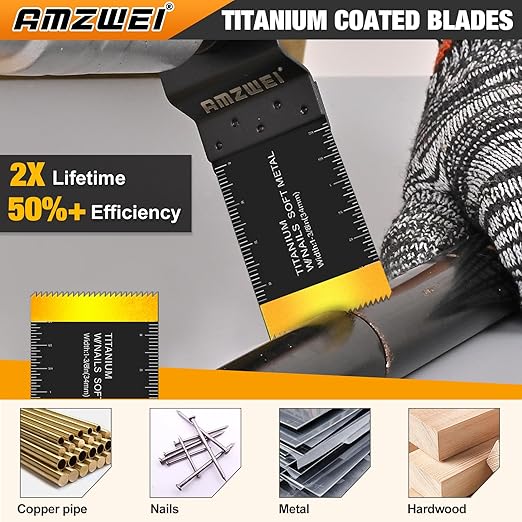 50PCS Multi Tool Blade Kits, Professional Titanium Oscillating Tool Blades for Metal, Wood, Plastic, Curved Edge Oscillating Saw Blades Compatible with Dewalt Milwaukee Ryobi Rockwell Fein