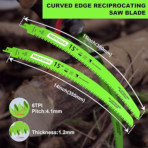 Japanese Teeth Reciprocating Saw Blade 15 Inch, Curved Edge Wood Pruning Saw Blades 6TPI for Tree Pruning, Wood/PVC Pipe Cutting, CR-V Sabre Blades, 4 Pieces