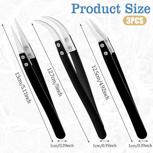 3 PCS Ceramic Tweezers, Electronics Tweezers, Reverse Tweezer Set, Non Conductive Heat Resistant Electronics Soldering Tweezers, Pointed Curved Tips for Pinching Coils, Jewelry, Watch Repair, Black
