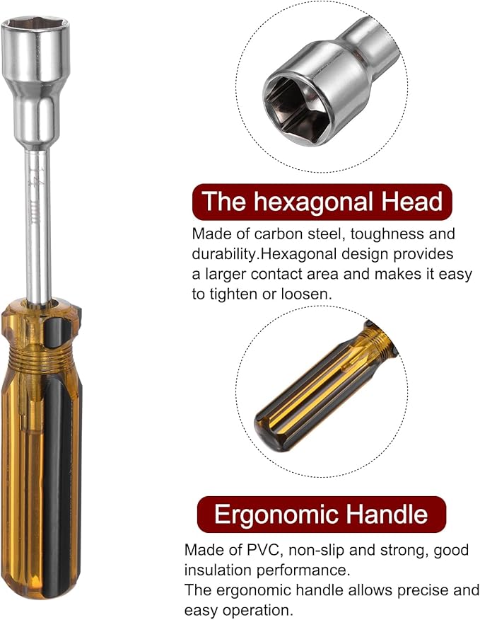 HARFINGTON Metric Hex Nut Screwdriver 14mm Carbon Steel Ergonomic PVC Grip Non-Magnetic Socket Wrench Screwdriver Hand Tool for Automotive Maintenance Home Improvement.