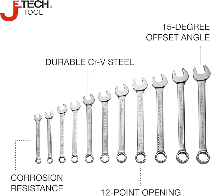 Jetech 11PCS SAE Combination Wrench Set - Industrial Grade Spanners with 12-Point15-Degree Offset Cr-V Steel Forged Heat-Treated, 3/8 Inch - 1 Inch