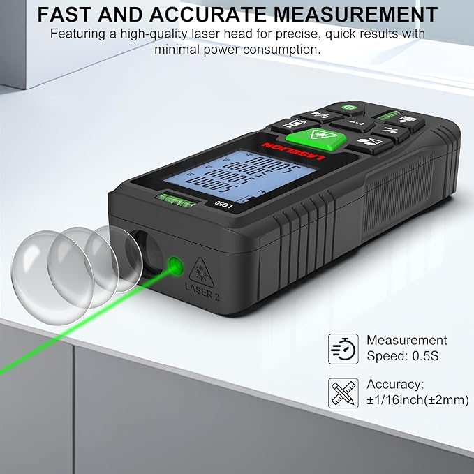 Laser Measurement Tool,165ft Green-Beam Laser Measure Device Portable M/in/Ft Unit Switching Backlit LCD Laser Distance Measure for Pythagorean Mode,Measuring Distance,Area,Volume-LG50