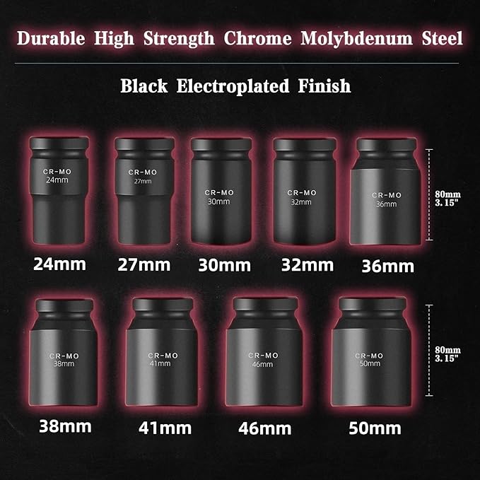 1" Inch Drive Deep Impact Socket Set,9 Pieces,6-Point,Metric Sizes(24mm,27mm,30mm,32mm,36mm,38mm,41mm,46mm,50mm),Cr-Mo Steel