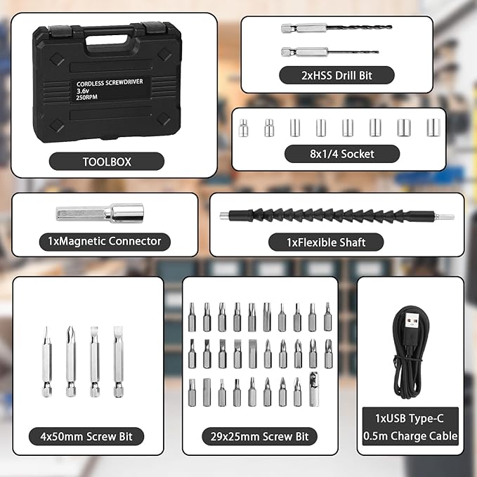 Cordless Electric Screwdriver 3.6V Automatic Rechargeable Power Screwdriver 3.5N.M of Torque 1/4??Chuck 43pcs Screw Drill Set LED Light for Furniture Assembly, Repairing in Home, Office and Workplace.