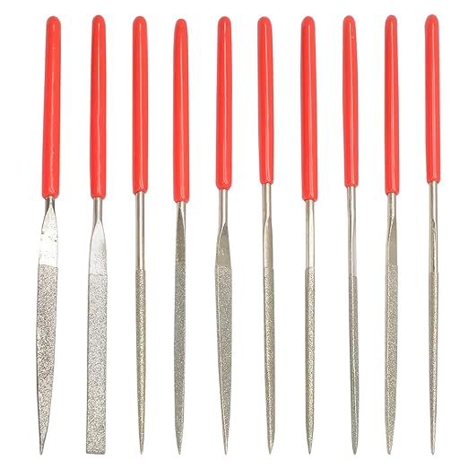 Hordion 10 Pcs Mini Diamond File Set, 2x100mm Small Needle Files Jewelers File for Glass Wood Stone Jewelry Metal, Includes Round Oval Triangular Square Flat Leaf Shape