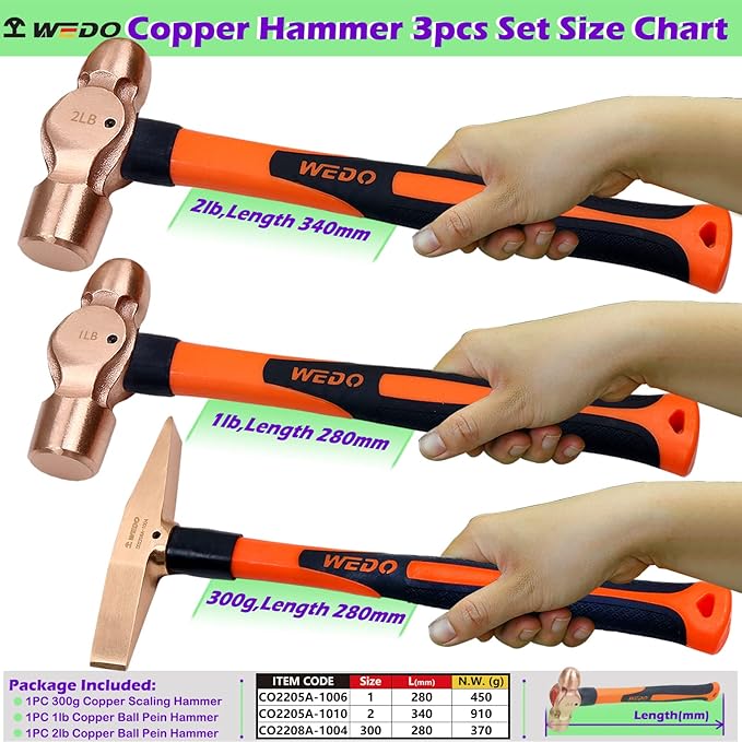 WEDO 3PCS Copper Hammer Set with Fiberglass Handle,1lb Ball Pein Hammer,2lb Ball Pein Hammer,300g Scaling Hammer,Die-Forge,Corrosion Resistant