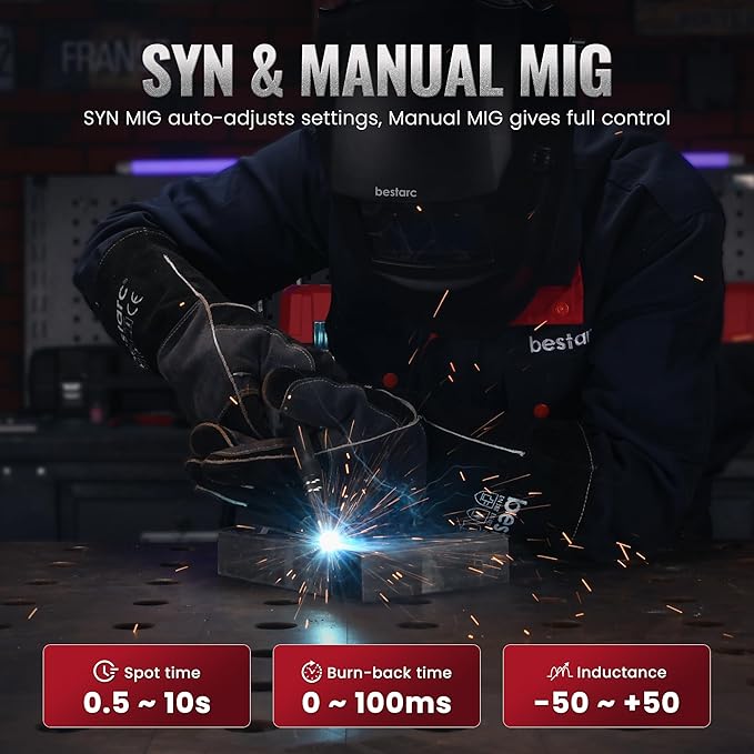 bestarc 215Amp MIG Welder, 110V 220V Gas MIG/Flux Core MIG/Stick/Lift TIG/Spool Gun/Spot Welding 7 IN 1 Aluminum Welding Machine, IGBT Multiprocess bestarc Welder with Synergy, Spool Gun Compatible