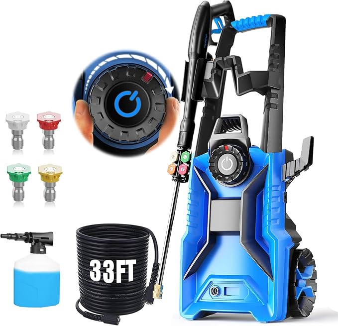 5000 PSI Adjustable Electric Pressure Washer, 2025 New Power Washer Pressure Adjustable (2500PSI-5000PSI) with 33ft Pressure Hose, 4 Nozzle and Detergent Tank for Cars, Upgraded Blue