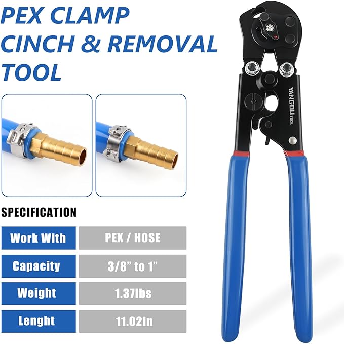 2 IN 1 Ratchet PEX Crimping Tool Cinch and Remove Dual Function Ergonomic Handle for PEX Pipe and Pinch Crimping Suitable for 3/8" to 1" Stainless Steel Clamps