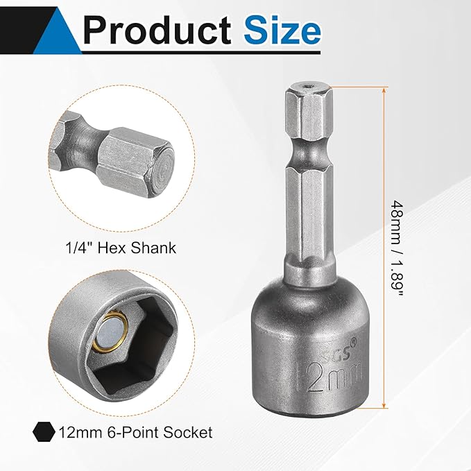 HARFINGTON 5pcs Nut Driver Drill Bit 12mm Metric Socket 1/4" Hex Shank 1.89" (48mm) Long Magnetic 6-Point Sockets Quick Change CR-V Steel Bolt Setters for Power Drill Drivers