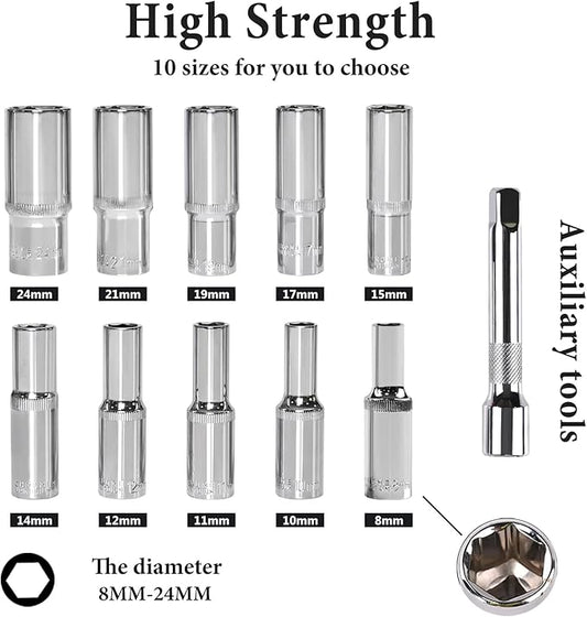 Egofine 12PCS 1/2" Drive Deep Socket Set,Metric(8-24MM),6-Point, Cr-V Steel
