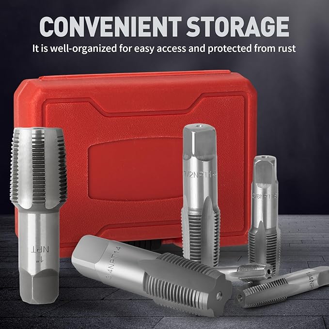 6-Piece NPT Pipe Tap Set, 1", 3/4", 1/2", 3/8", 1/4", 1/8" Taps Threading Tool, Precision Bearing Steel Tap Set Metric and Standard for Clean and Re-Thread Damaged or Jam Pipe Threads in Storage Case