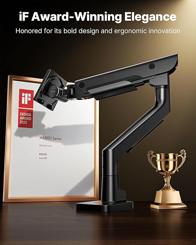 monTEK Sleek Aluminum Monitor Arm for 17??7??Ultrawide Screens up to 59.4 lbs, USB 3.0 A/C, Heavy Duty Single Monitor Arm Desk Mount, Pneumatic Lift, Quick-Release Plate, Clamp/Grommet, VESA 100x100