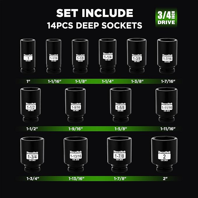 3/4" Drive Deep 6-Point Impact Socket Set, 14-Piece Heavy Duty Impact Socket Set, Cr-Mo, SAE (1" to 2"), for Large Vehicle and Apparatus Maintenance