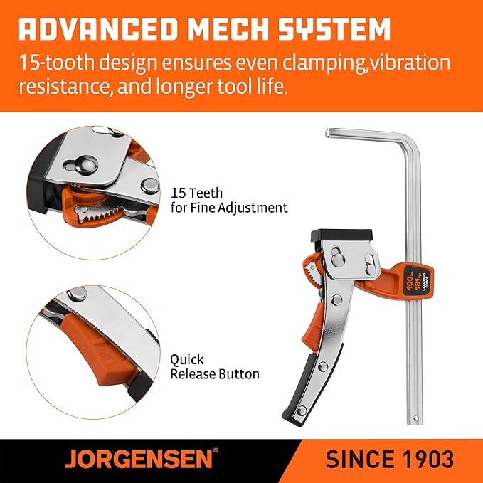 Jorgensen 6-5/8" Ratcheting Table Clamp, Quick Release Track Saw Clamp, Guide Rail Clamps for MFT Table and Guide Rail System, 2-7/8" Throat Depth, 400lbs Load Limit