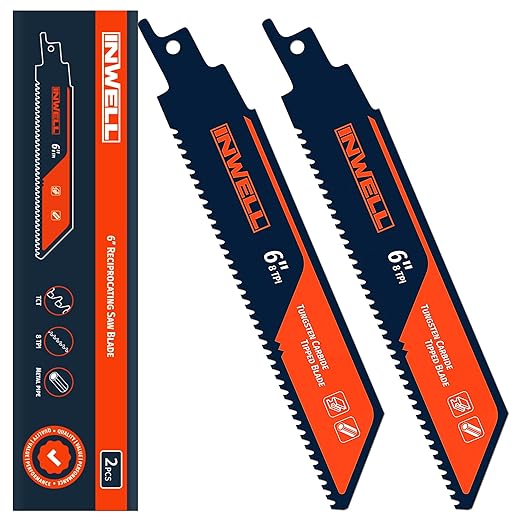 2PCS Tungsten Carbide Reciprocating Saw Blade, 8TPI Heavy-Duty Saw Blades for Thick Metal, Cast Iron, and Stainless Steel, Long-Lasting Blades for Demolition and Industrial Cutting (6 Inch)