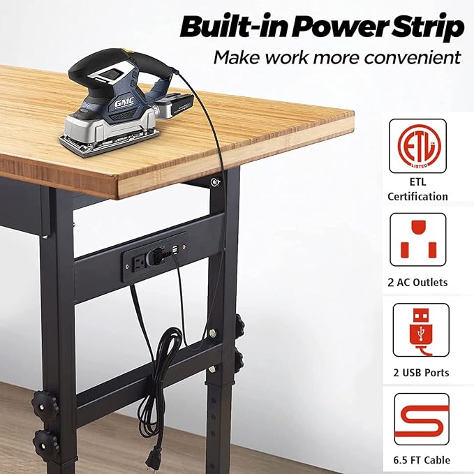 60" Height Adjustable Work Bench Table with Storage, Drawers, Wheels, Power Outlet - Heavy-Duty Garage Work Benches, 2700 LBS Load Capacity Wood Top Workbench for Workshop, Office, Home