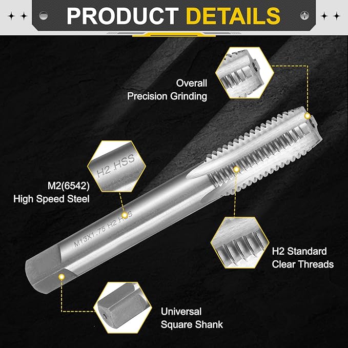 uxcell Hand Plug Tap M13 x 1.75 H2 Metric Thread Plug Style Taps Straight Flute Screw Tapping Threading Tool High Speed Steel HSS6542