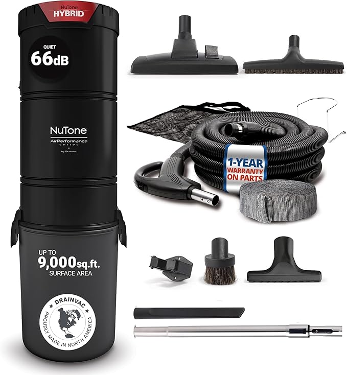 Drainvac Broan-nutone 700 Air watts Central Vacuum System and Deluxe Multi-Surface Tool Set for Cleaning Floors, Anti-Vibration, Powerful Suction
