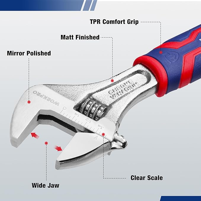 WORKPRO 6-inch Adjustable Wrench, Wide Jaw Opening Wrench with Rubber Anti-slip grip, Metric/SAE Scales, Premium Cr-V Steel, Chrome Plated
