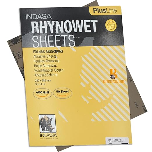 Indasa 50 PCS 9x11??Wet & Dry Sandpaper Sheets, 400 GRIT, Rhynowet Clog-Resistant Abrasive for Wood, Metal, Auto, Paint & Clear Coat Finishing, Sand Paper Aluminum Oxide, Plusline