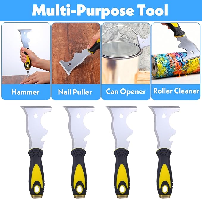 4 Pack Paint Scraper, Multi Use Paint Tools Putty Knife 10 in 1, Paints Scraper Tools for Painting, Metal Scrapers with Hammer End, Taping Knife, Spackle Tool