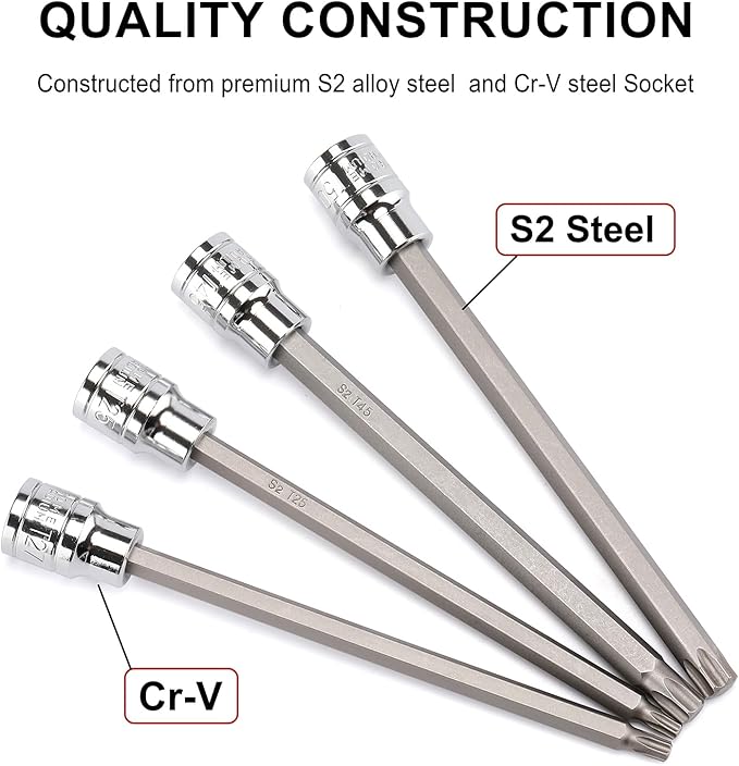 CASOMAN 3/8"Drive Extra Long Torx Bit Socket Set, 12 Piece Torx Star Bit Set, T10 to T60, Length: 150mm, CR-V&S2 Steel