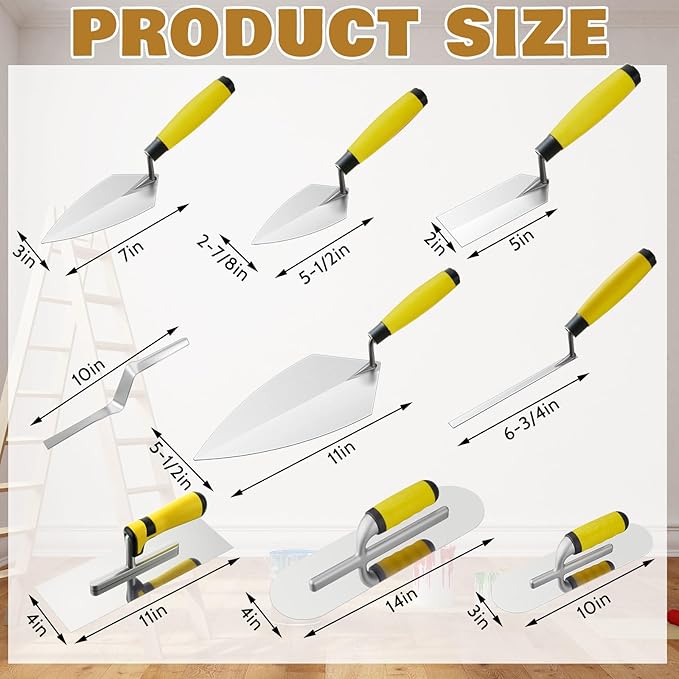 18 Pcs Masonry Hand Tool Set in Tool Bag Includes 6 Pcs Trowel Set Wooden Sanding Board Stainless Steel Putty Knife Brush Rebar Hook Masonry Kit Rubber Gloves Construction Wire (Yellow)