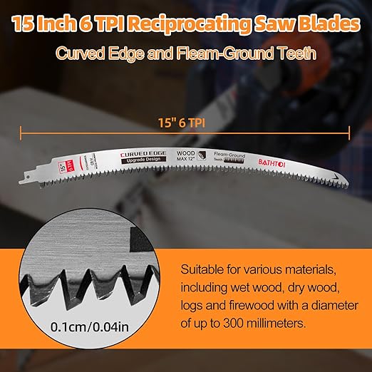 5 Pack 15 Inch 6 Tpi Japanese Teeth Reciprocating Saw Blades for Wood Cutting and Tree Trimming, Cr-V Sawzall Blades with Curved Edge and Fleam-Ground Teeth for Longer Life and Faster Cutting Speed