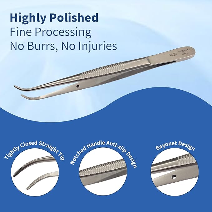 RWD Dressing Forceps 5", Martensitic Stainless Steel Medical Tweezers, 1.2mm Width Serrated Curved Tip, Micro Forceps Tweezer, Surgical Tweezer for High-Precision Handling (F12011-13)