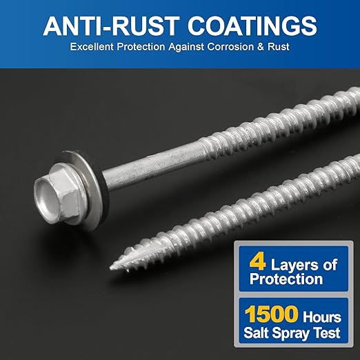 Metal Roofing Screws #10×2-1/2Inch, 500-PCS, Hex Head Rustpert Coating Sheet Metal to Wood Siding Screw with EPDM Rubber Washer, Sharp Point, Hex Socket Included