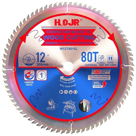 Circular Saw Blades Woodworking TA Series,12" 80 Tooth 1" Arbor, Fine Finish/General Purpose,Special Anti-Thermal Adhesion Coating on Cutting Head -TA,High Finish,Long Life, W12 80T TA
