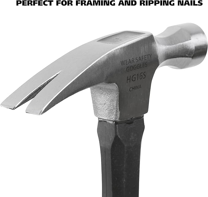 GreatNeck HG16S 16 Oz. Fiberglass Straight Claw Hammer, Carpenter & Contractor Tool for Framing, Building, & Ripping Nails, Durable Drop Forged Steel Hammer